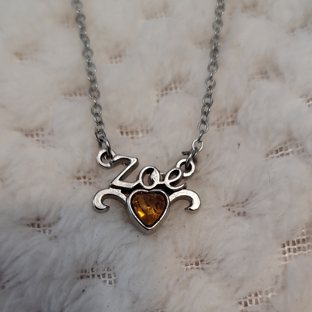 Zoe Silver Coloured Necklace with Amber Coloured Heart Pendant